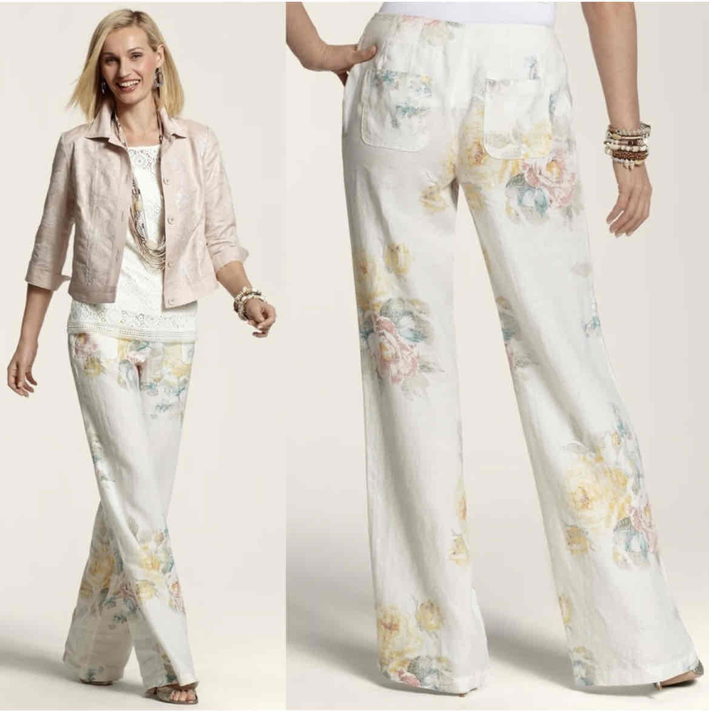 Chicos White Floral Straight Linen Drawstring Pants Womens Size 0.5 Small/6
